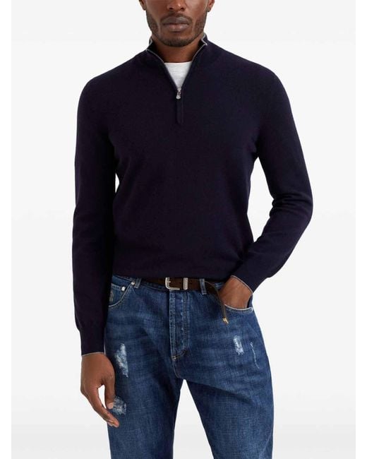 Brunello Cucinelli Blue Knitted Pullover for men
