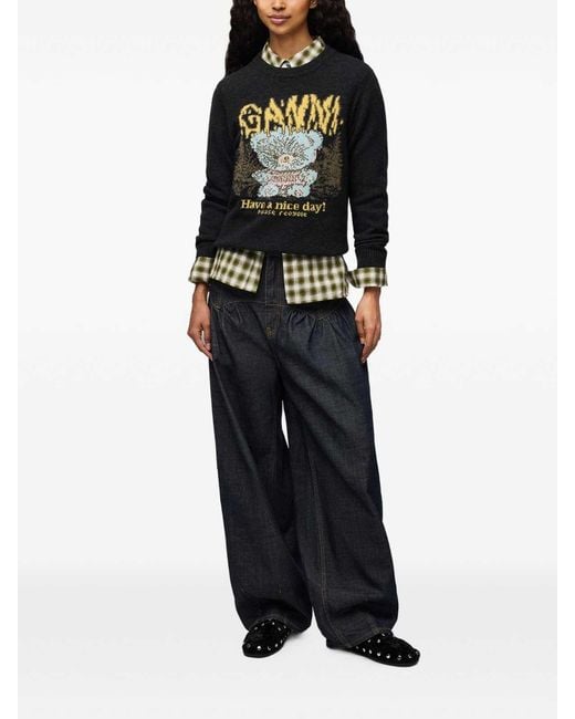Ganni Blue Teddy Jacquard Knitted Sweater