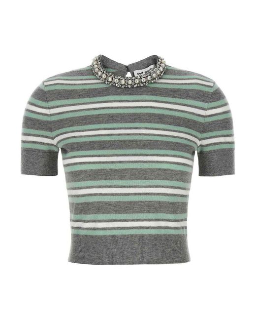 Self-Portrait Green Striped Crystal Trim Knit Sweater