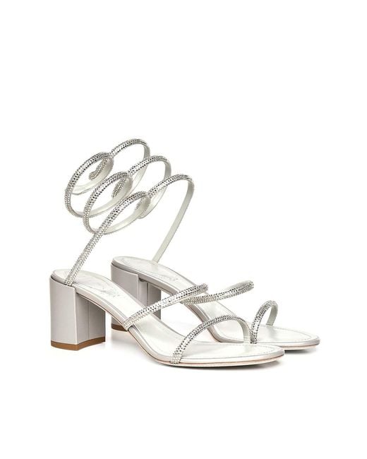 Rene Caovilla White Cleo Satin Sandals With Rhinestones