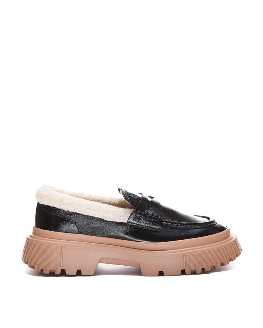 Hogan Black Leather Loafers With Teddy Lining