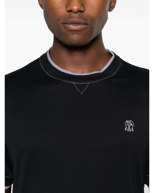 Brunello Cucinelli Black Textured Logo Crew Neck T-Shirt for men