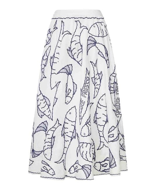 Farm Rio White Cotton Midi Skirt With Marine Embroidery