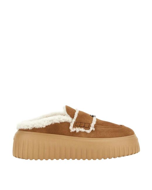 Hogan Brown H-Stripes Sabot Fur