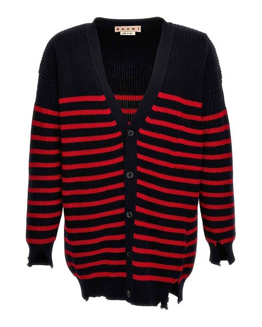 Marni Red Destroyed Effect Striped Cardigan