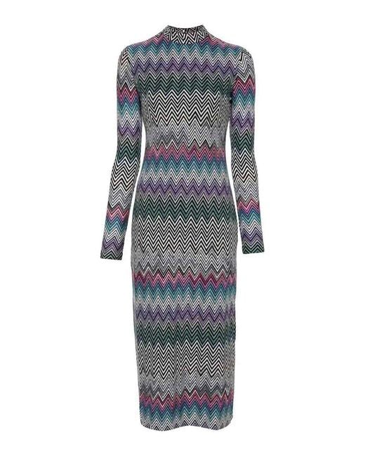 Missoni Gray Zig Zag Motif Wool Midi Dress