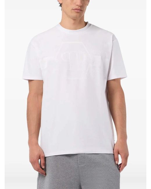Philipp Plein White Round Neck T-Shirt Jacquard Hexagon Line for men