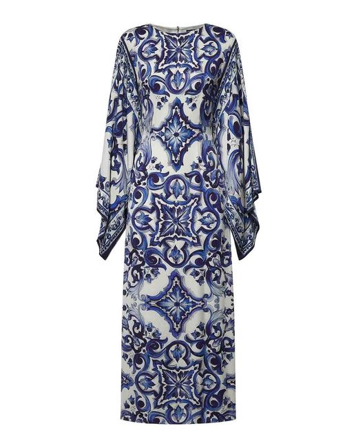 Dolce & Gabbana Blue Majolica-Print Charmeuse Long Dress