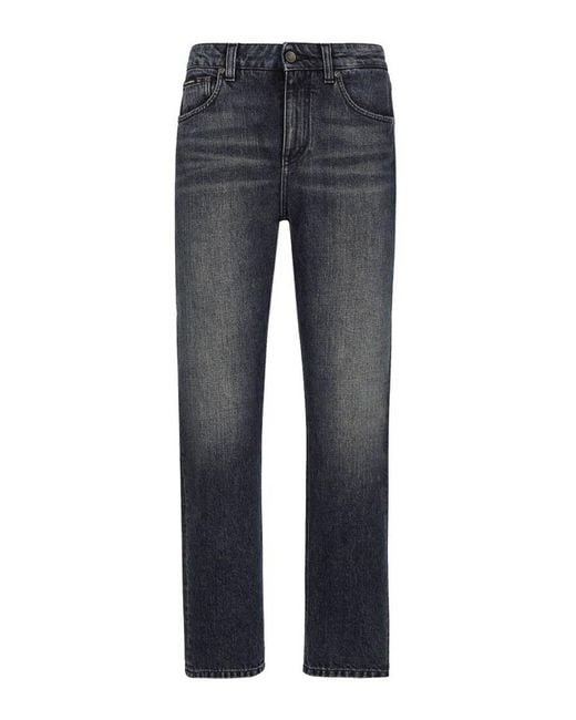 Dolce & Gabbana Blue Mid-Rise Logo Patch Denim Pants