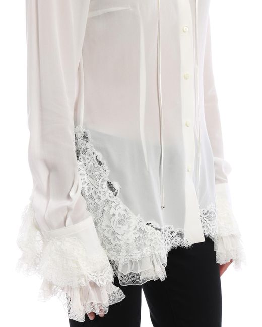 Ermanno Scervino White Ruched Lace Detail Silk Shirt