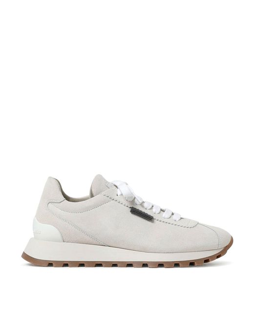 Brunello Cucinelli White Suede Runners With Shiny Tab