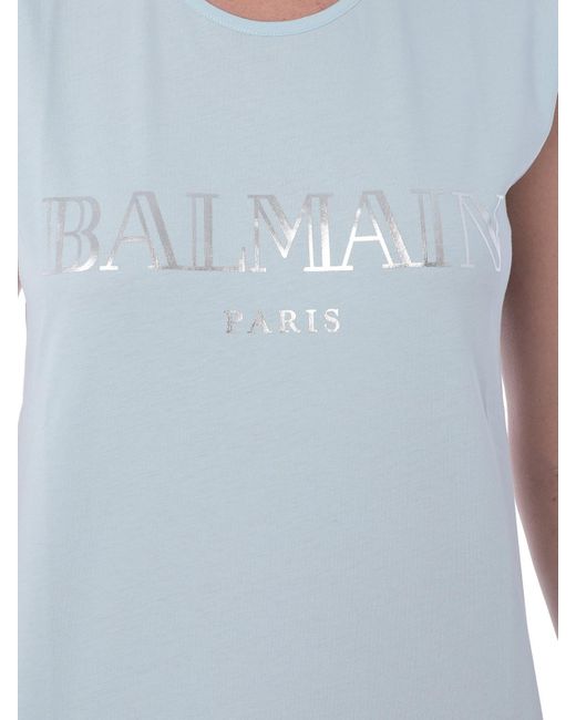 Balmain Blue Logo Print Cotton Tank Top