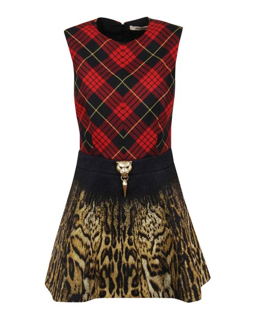 Roberto Cavalli Red Mini Dress With Tartan Top And Leopard Skirt