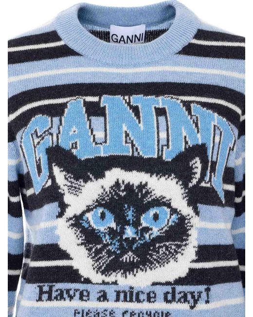 Ganni Blue Graphic Wool Sweater