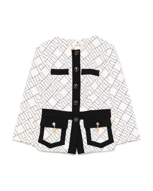 Elisabetta Franchi White Geometric-Pattern Button Double-Crepe Jacket