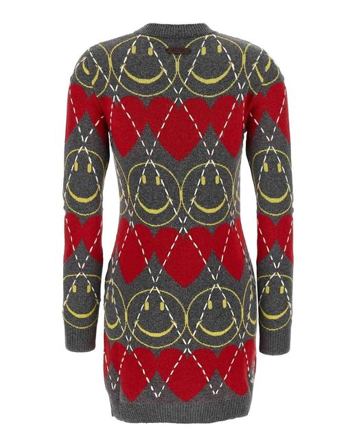 Moschino Red Wool Blend Mini Dress With Diamond-Stitched Pattern