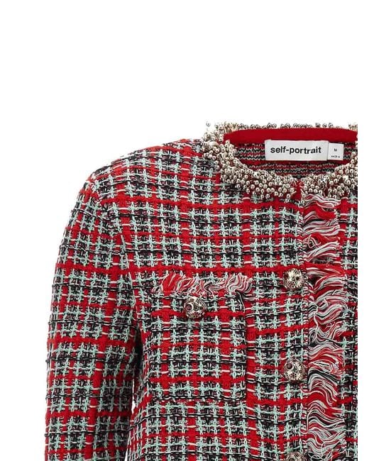 Self-Portrait Red Fringed Knit Jacket