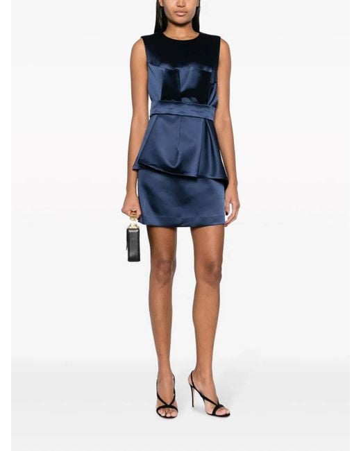 P.A.R.O.S.H. Blue Satin Pleated Belted Sleeveless Mini Dress
