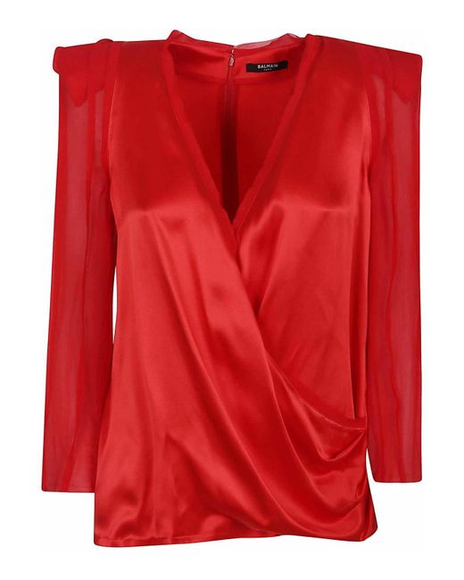 Balmain Red Long Sleeves Silk Crepe Draped Top