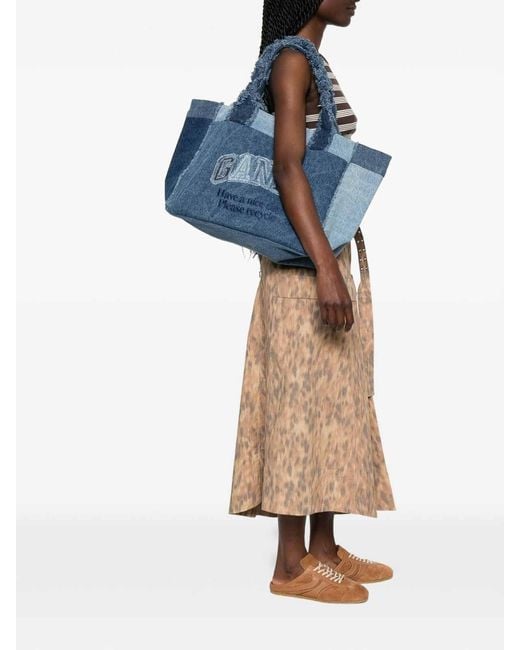 Ganni Blue Cotton Denim Shopping Bag With Logo