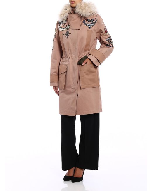 Valentino Garavani Pink Fur Trim Tattoo Embroidered Parka