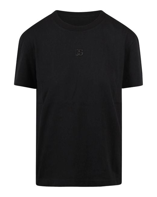 Dolce & Gabbana Black Crew-Neck T-Shirt With A Rhinestone Dg Logo