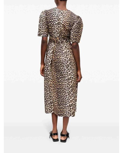 Ganni Multicolor Leopard Printed Cotton Tie Strap Midi Dress