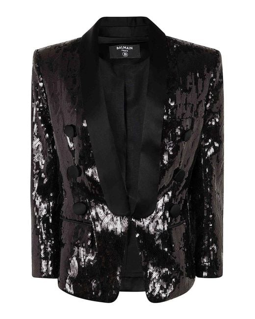 Balmain Black V-Neck Glitter Satin Tailored Jkt