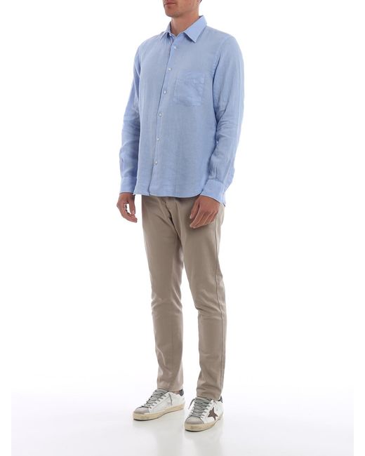Aspesi Blue Linen Shirt With Patch Pocket for men