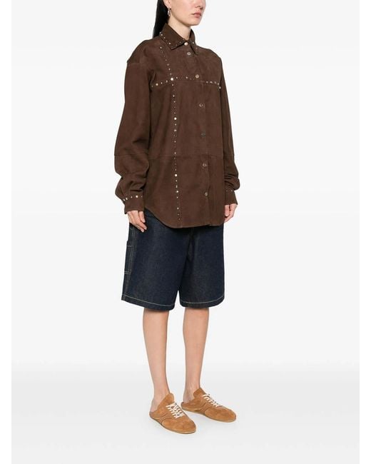 Moschino Brown Suede Shirt Pointed Collar Long Studded Sleeves