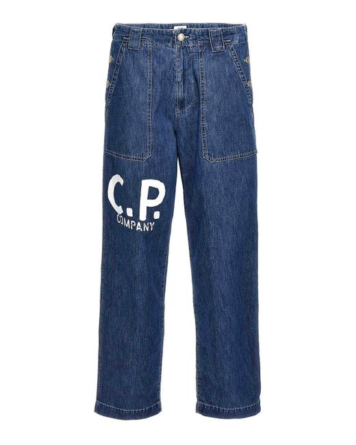 C P Company Blue Logo Print Jeans for men