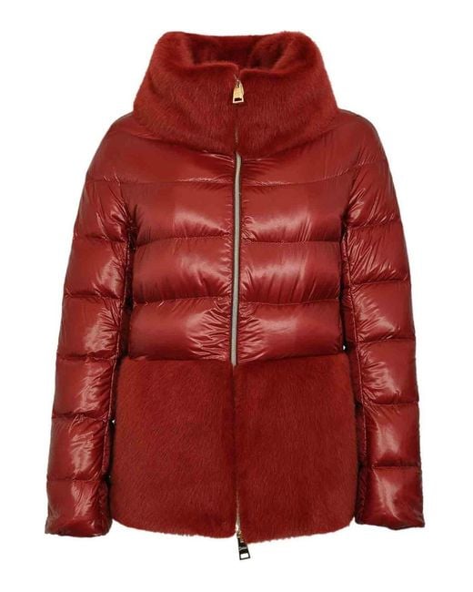 Herno Red Down Jacket With Ecological Fur