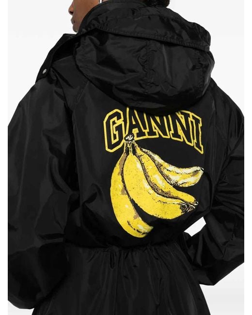 Ganni Black Flyweight Nylon Long Parka Print