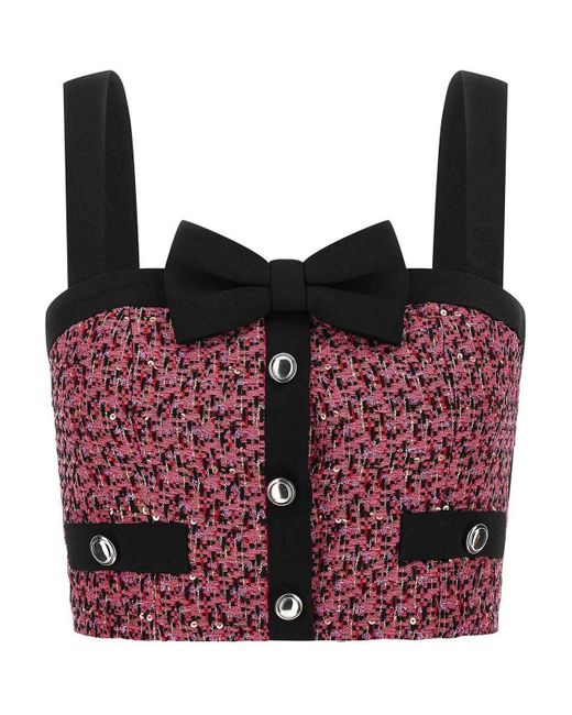 Alessandra Rich Red Wool Blend Tweed Top With Micro-Sequin Embroidery And Bow Detail