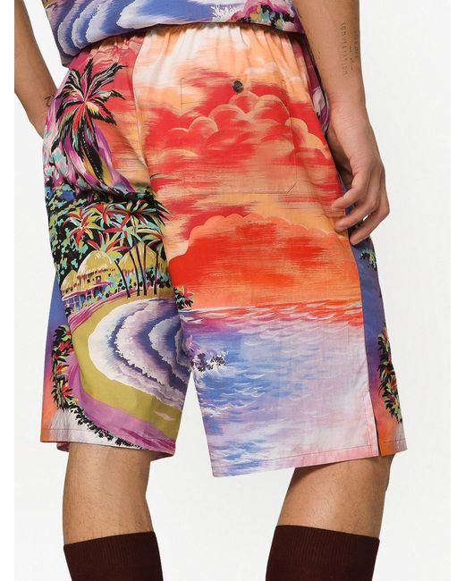 Dolce & Gabbana Red Graphic-Print Bermuda Shorts for men