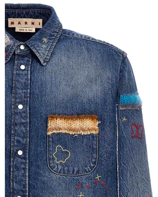 Marni Blue Denim Shirt Embroidery And Patches for men