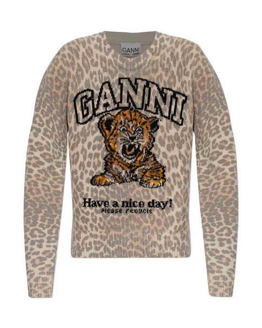 Ganni White Graphic Wool Sweater Tiger