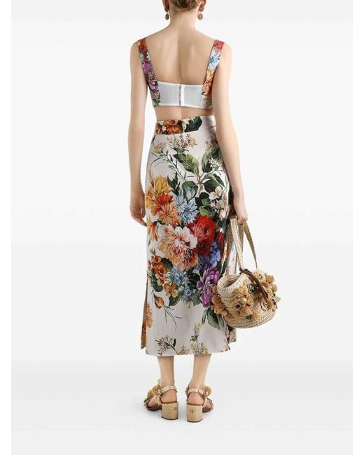 Dolce & Gabbana White Flower Bouquet Print Midi Skirt