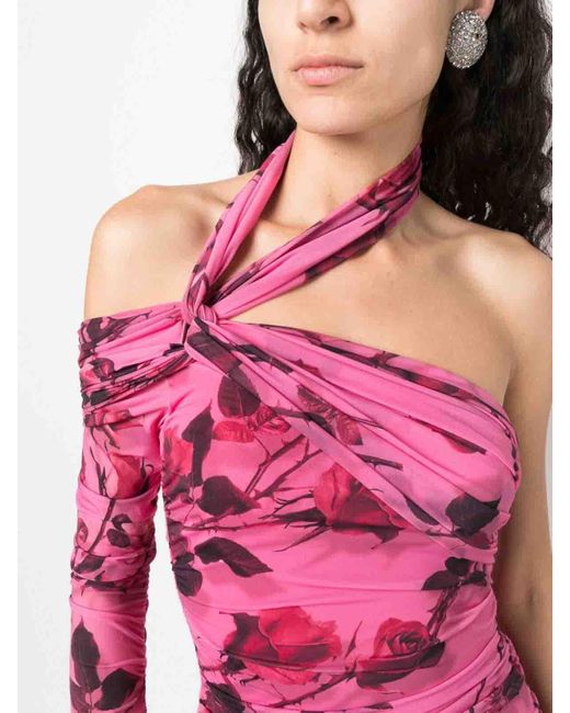 Blumarine Pink Rose Print One-shoulder Mini Dress