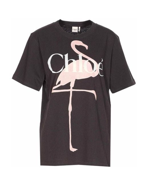 Chloé Black Fenicotteri Print And E Logo T-Shirt