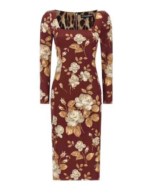 Dolce & Gabbana Multicolor Vintage Rose Print Satin Midi Pencil Dress