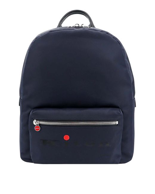 Kiton Blue Nylon And Leather Backpack With Logo Print for men