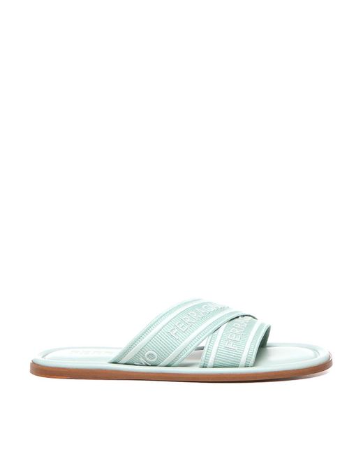 Ferragamo Blue Round Toe Slide Sandals With Logo