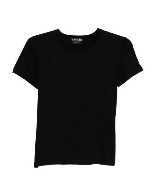 Tom Ford Black Cotton T-Shirt With Tf Logo Embroidery