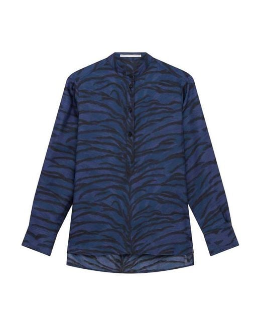 Stella McCartney Blue Shirt With Mandarin Collar And Tiger Print