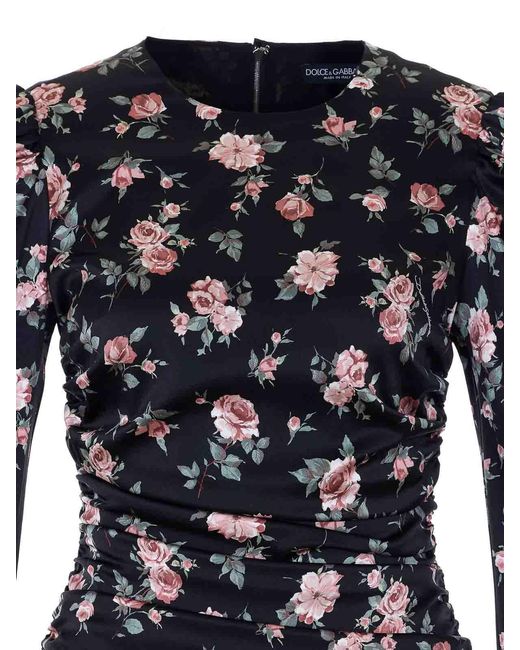 Dolce & Gabbana Black Dolce&Gabbana Vintage Rose Print Draped Dress