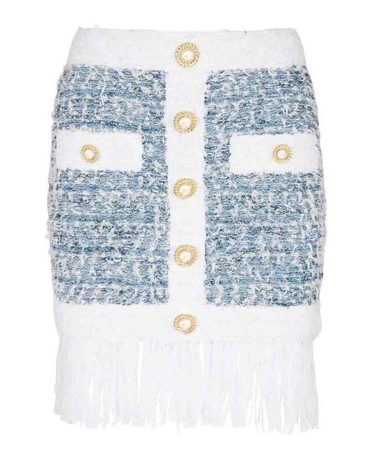 Balmain Blue Fringed Denim Tweed Skirt