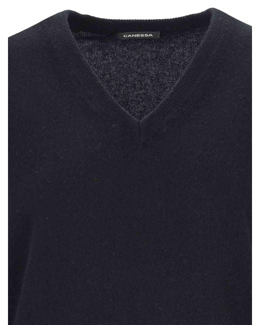 Canessa Blue Ribbed Cashmere V-Neck Sweater