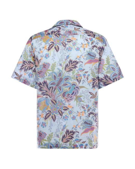 Etro Blue Cotton Poplin Bowling Shirt<Br for men