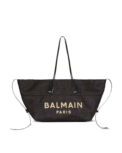 Balmain Black Track Raffia Tote